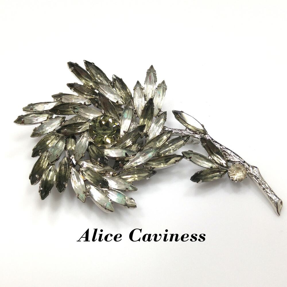 Alice Caviness Gray Navette Rhinestone Flower Brooch Rhodium 1960s